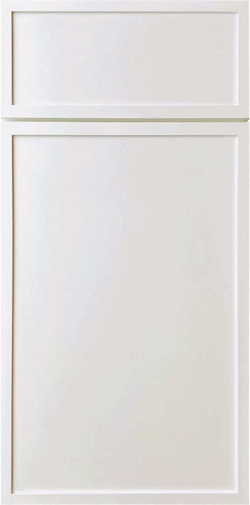 Grayish-white Miami Dew cabinet door with narrow stiles and rails.